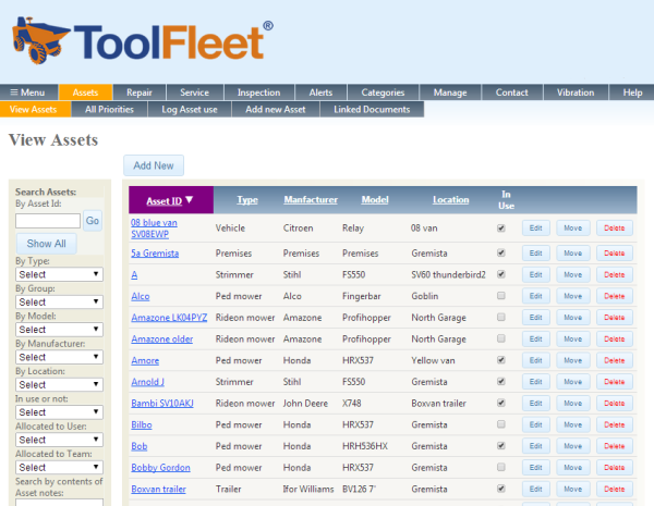 ToolFleet CMMS screengrab of asset list page